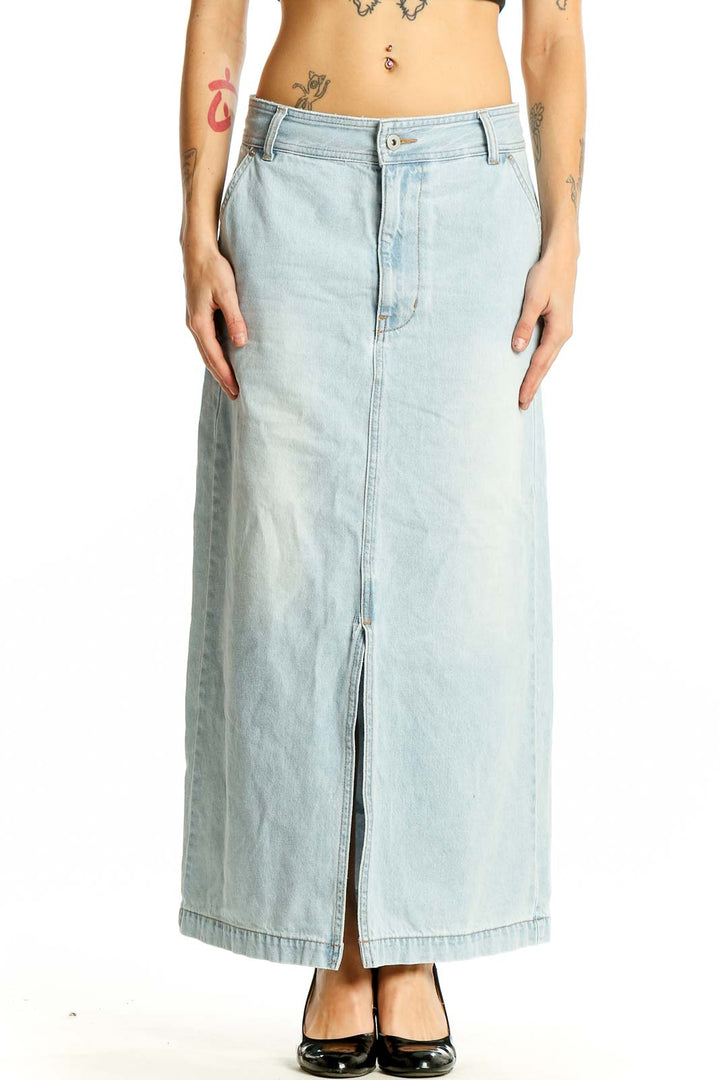 Front view of light blue denim maxi skirt with front slit