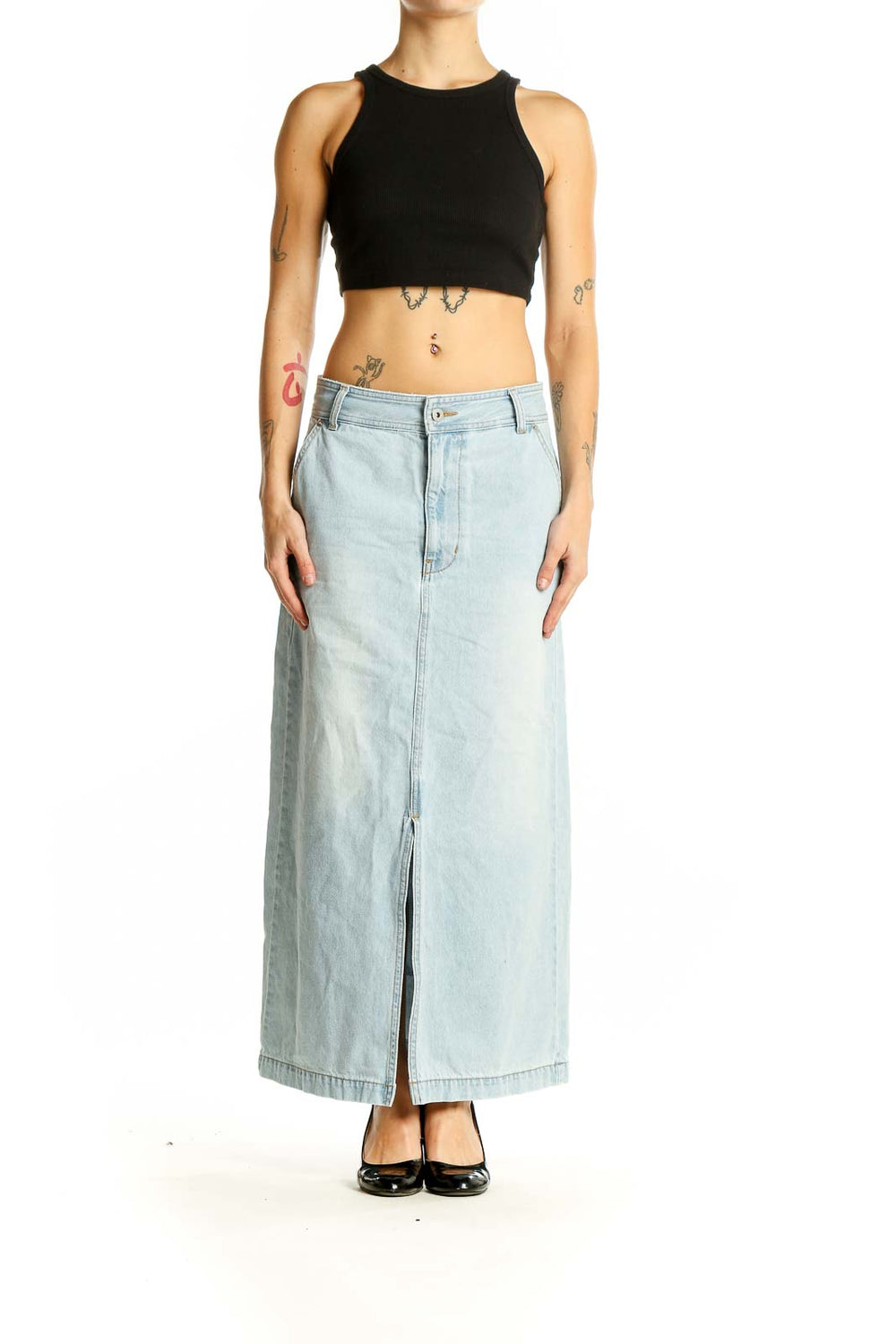 Front view of light blue denim maxi skirt with front slit