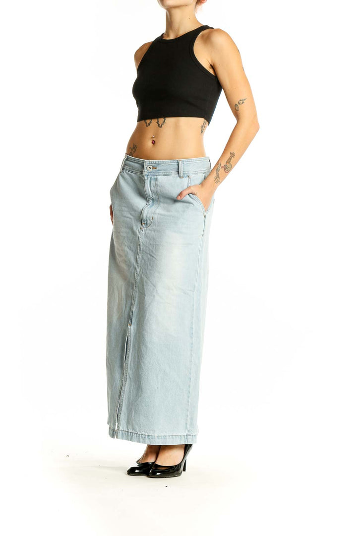 Front view of light blue denim maxi skirt with front slit