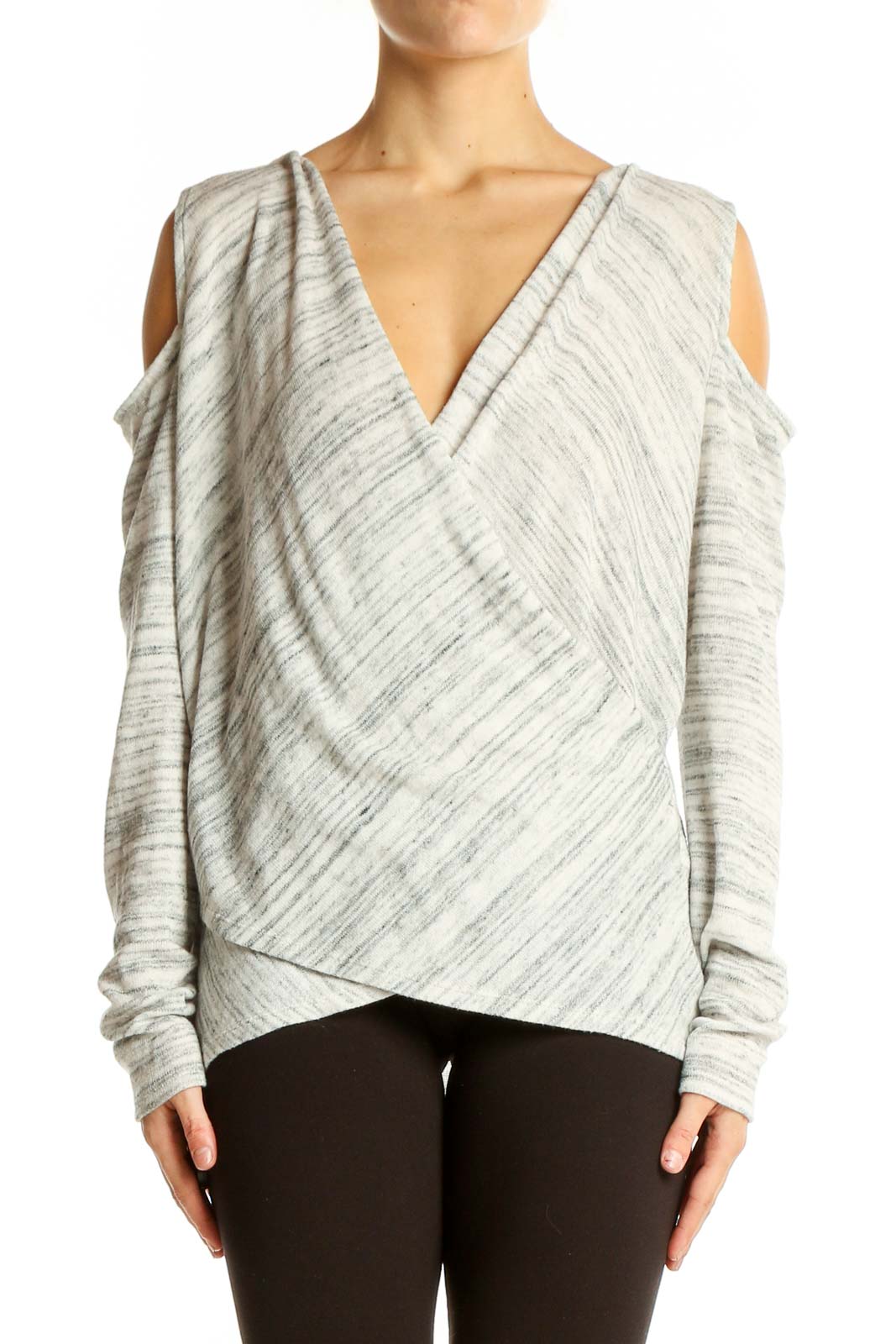 Front view of Gray Cold-Shoulder Wrap Knit Top from White House Black Market