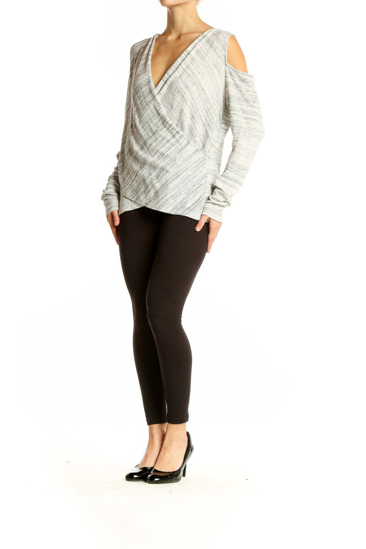 Front view of Gray Cold-Shoulder Wrap Knit Top from White House Black Market