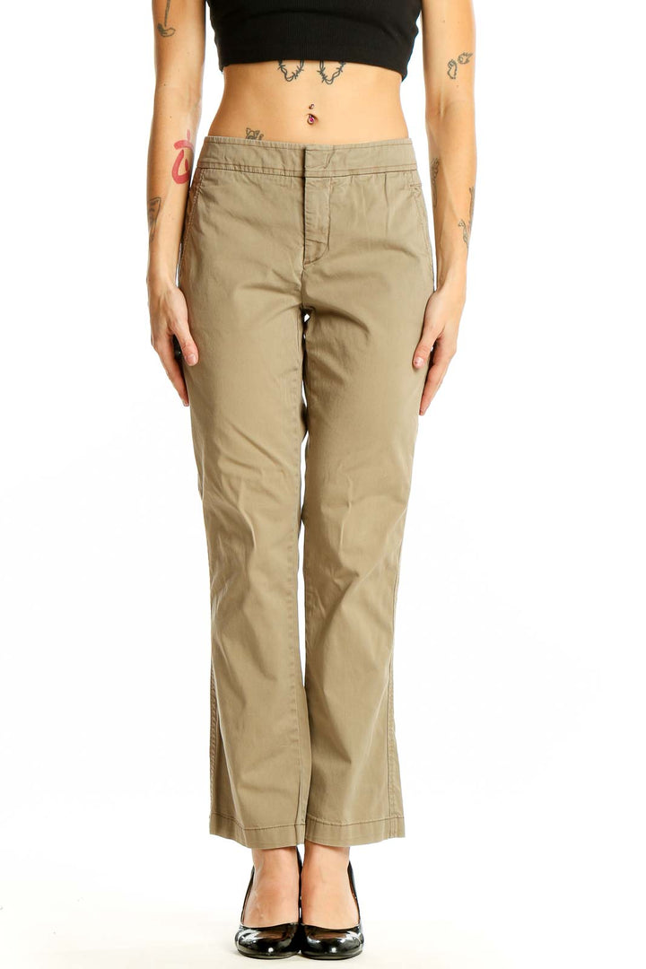 Front view of Vince khaki straight-leg pants on model