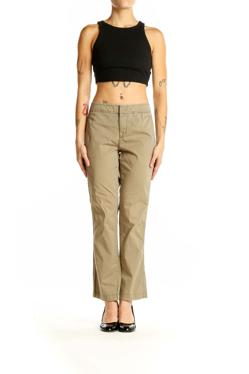 Front view of Vince khaki straight-leg pants on model