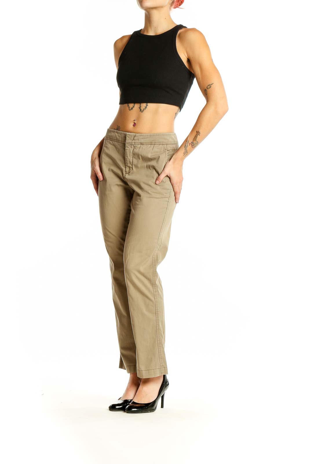 Front view of Vince khaki straight-leg pants on model