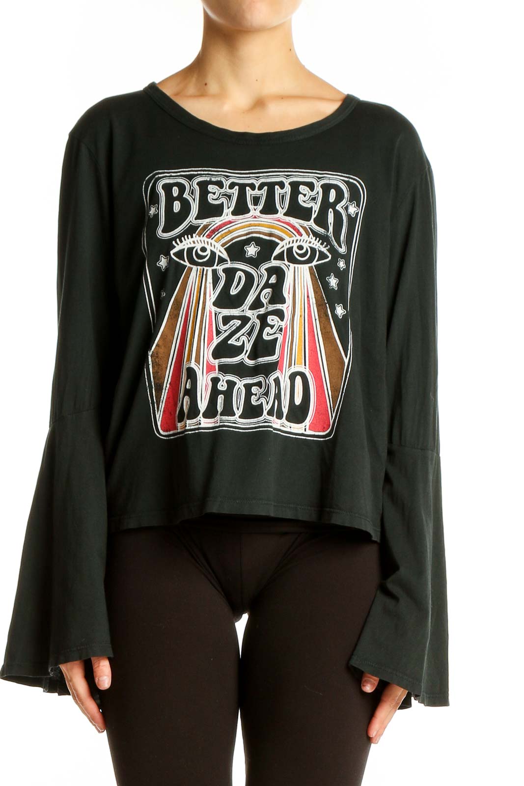 Front view of Dazey L.A. black crop top with 'Better Daze Ahead' graphic print and bell sleeves