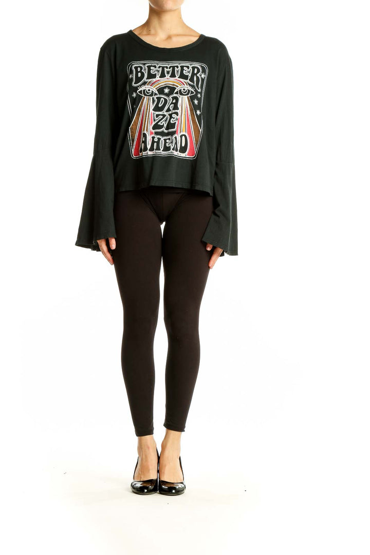 Front view of Dazey L.A. black crop top with 'Better Daze Ahead' graphic print and bell sleeves