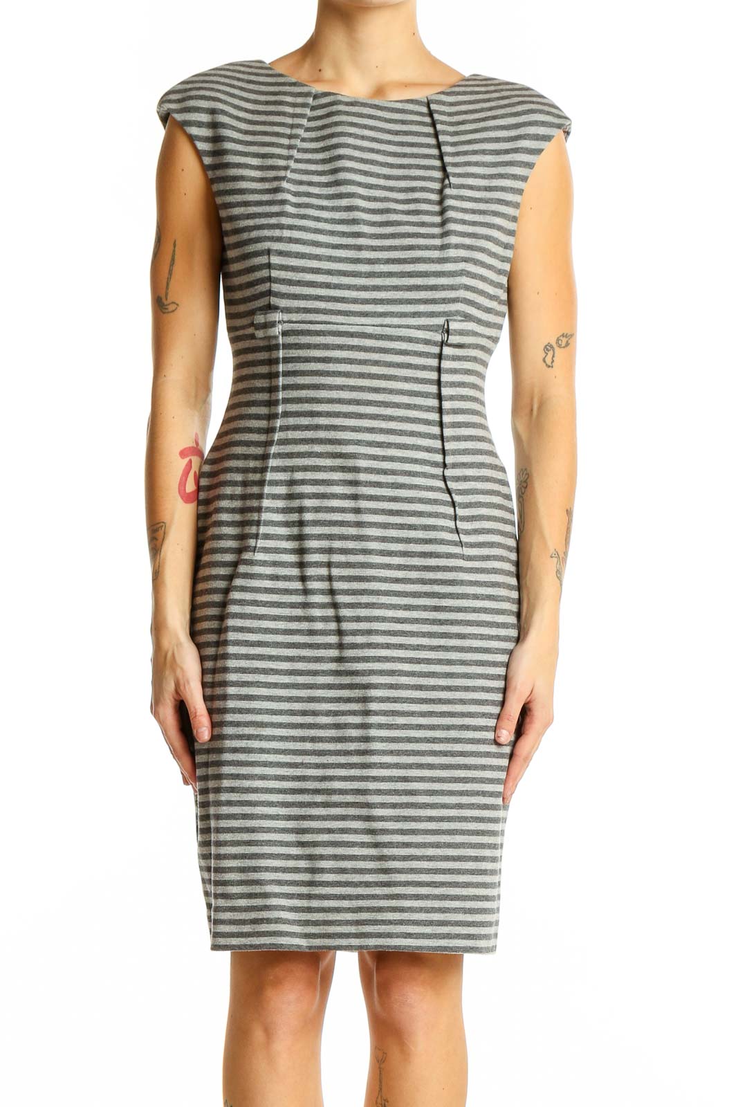 Front view of gray striped Calvin Klein sheath dress with cap sleeves