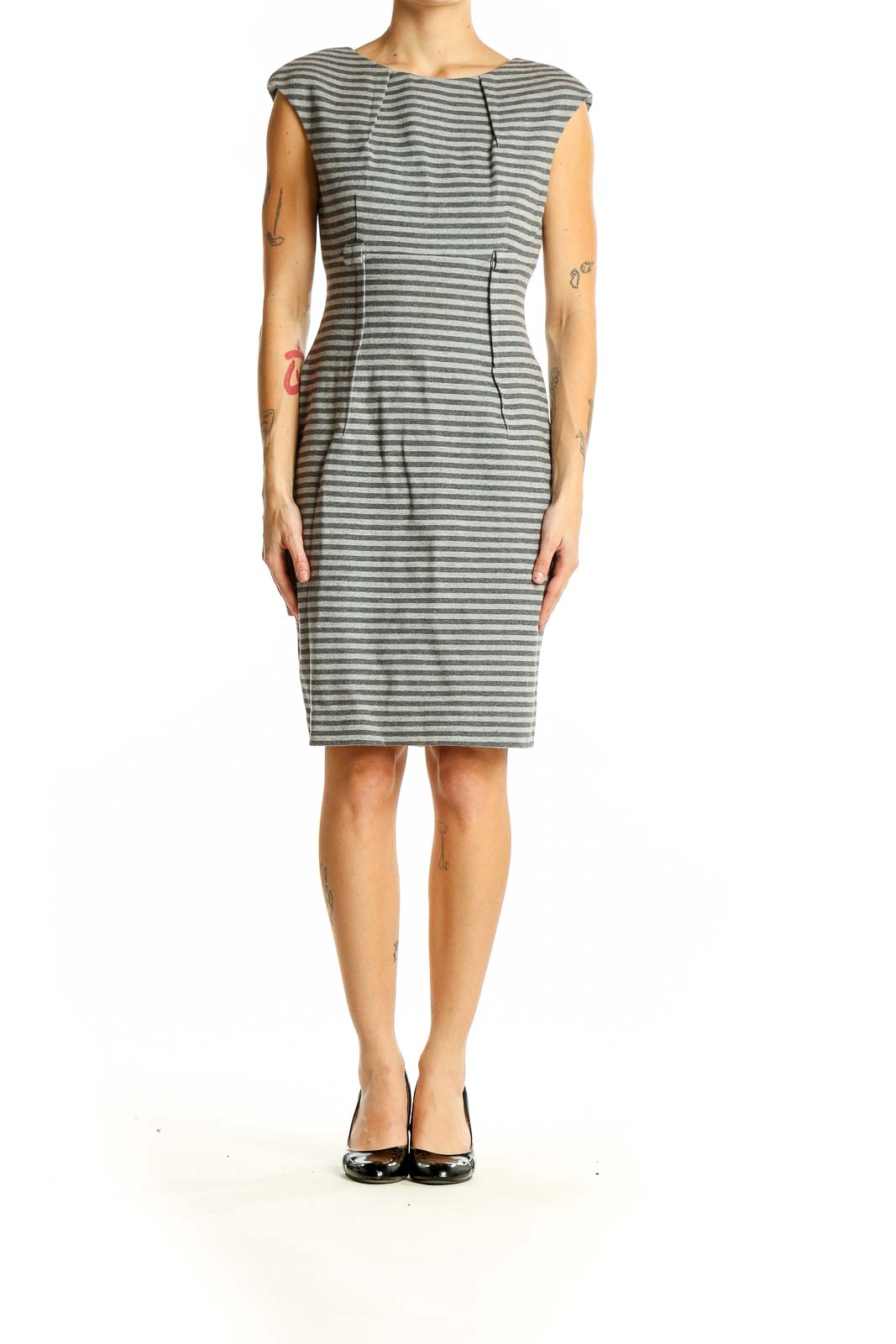 Front view of gray striped Calvin Klein sheath dress with cap sleeves