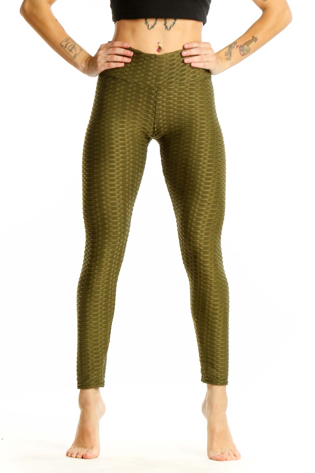 Front view of olive textured high-waist activewear leggings by SilkRoll