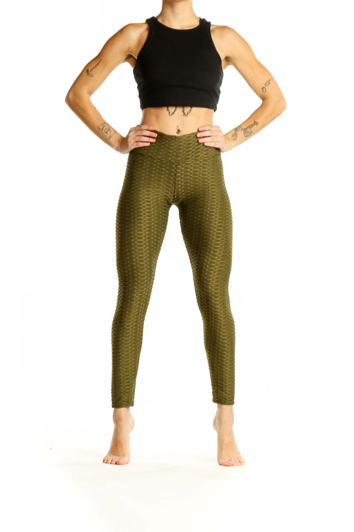 Front view of olive textured high-waist activewear leggings by SilkRoll