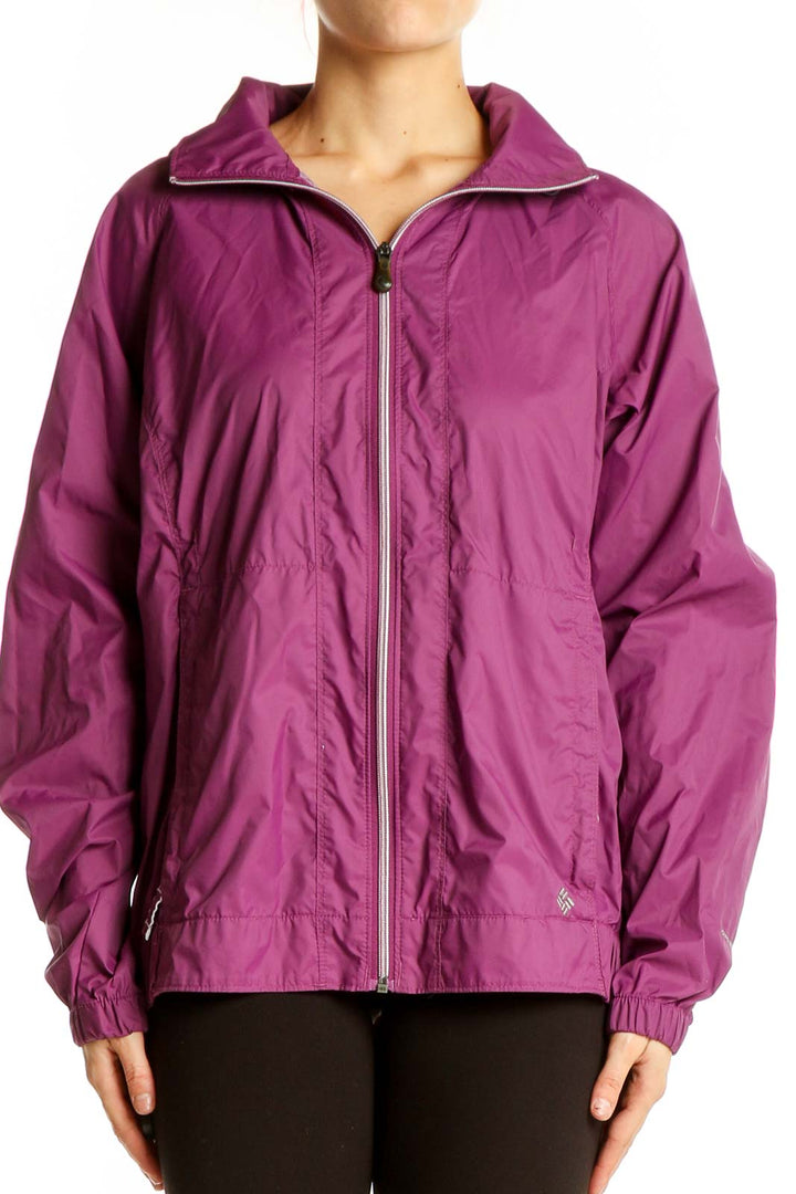 Front view of purple Columbia activewear jacket with full-zip closure