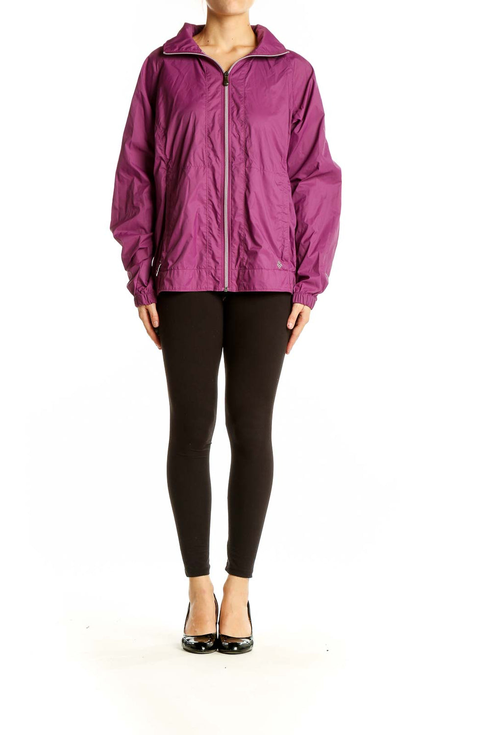 Front view of purple Columbia activewear jacket with full-zip closure