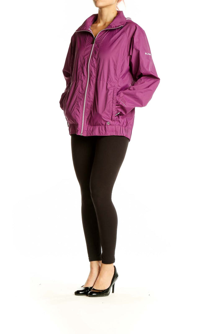 Front view of purple Columbia activewear jacket with full-zip closure