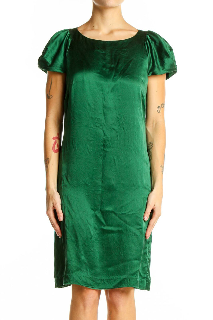 Front view of Banana Republic emerald green silk-blend shift dress with puffed sleeves