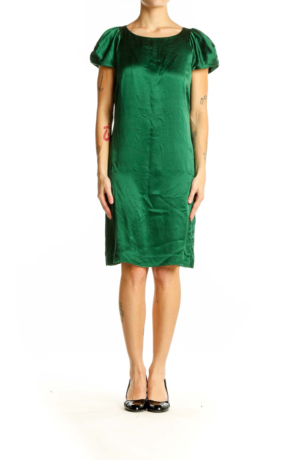 Front view of Banana Republic emerald green silk-blend shift dress with puffed sleeves