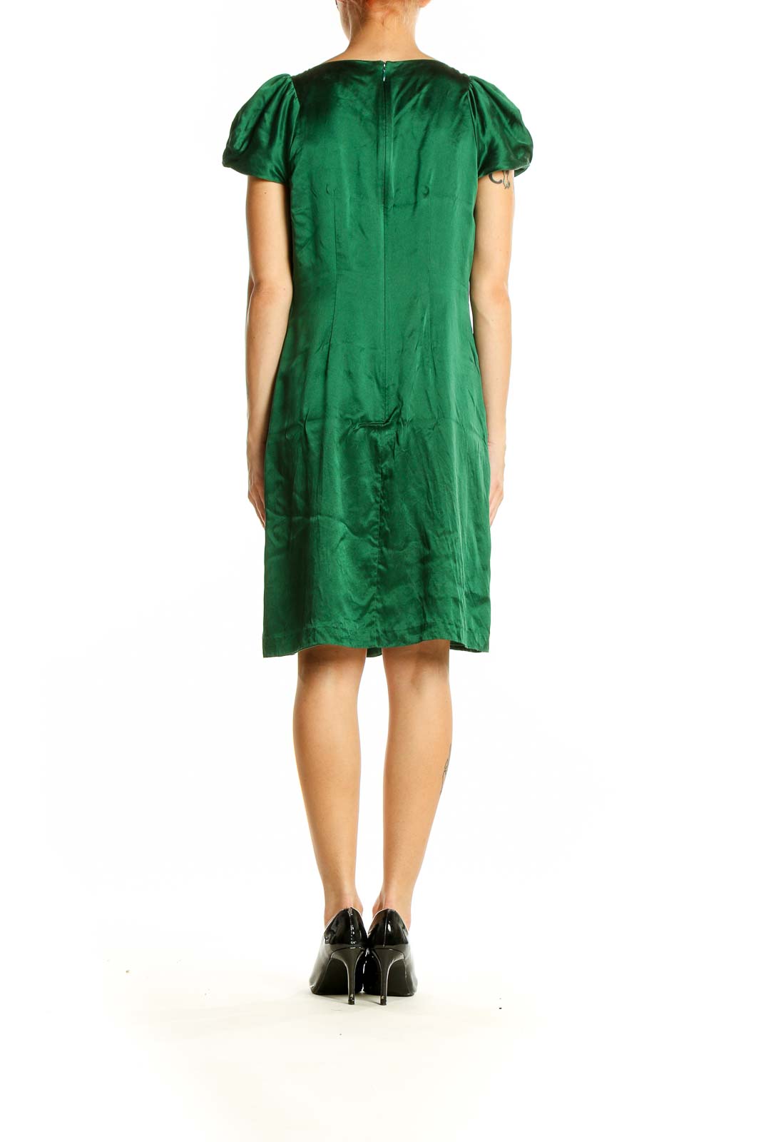 Side view of Banana Republic emerald green silk-blend shift dress showing silhouette