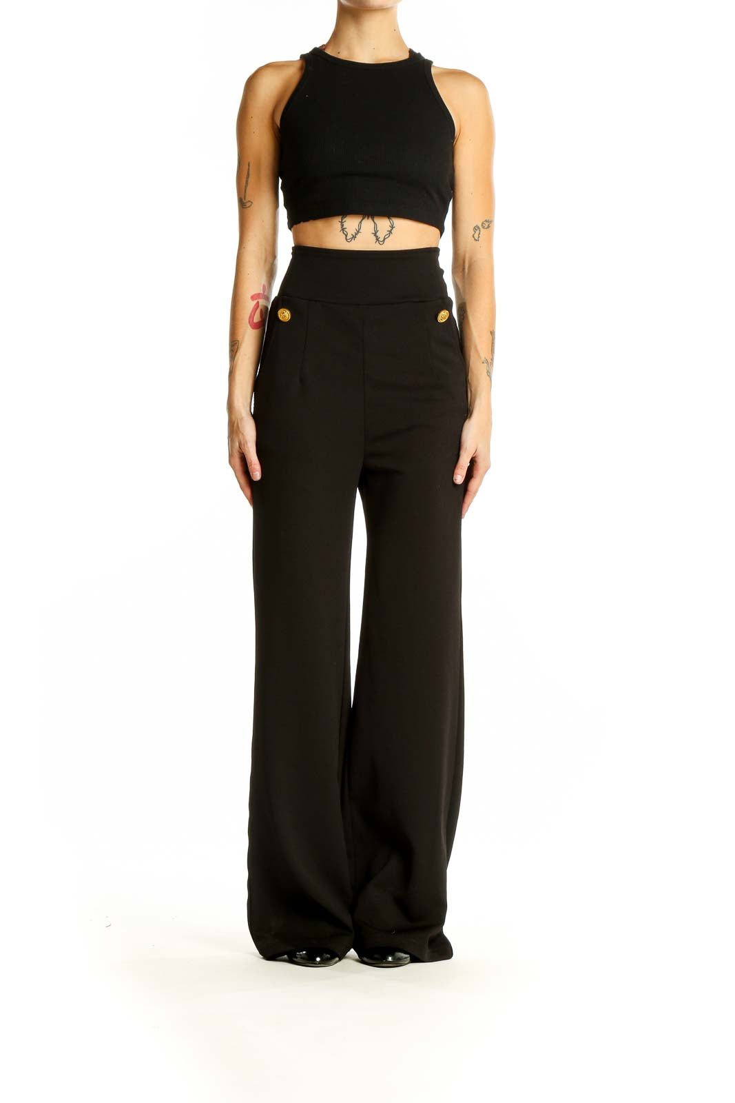 Front view of black wide-leg dress pants with gold-tone buttons