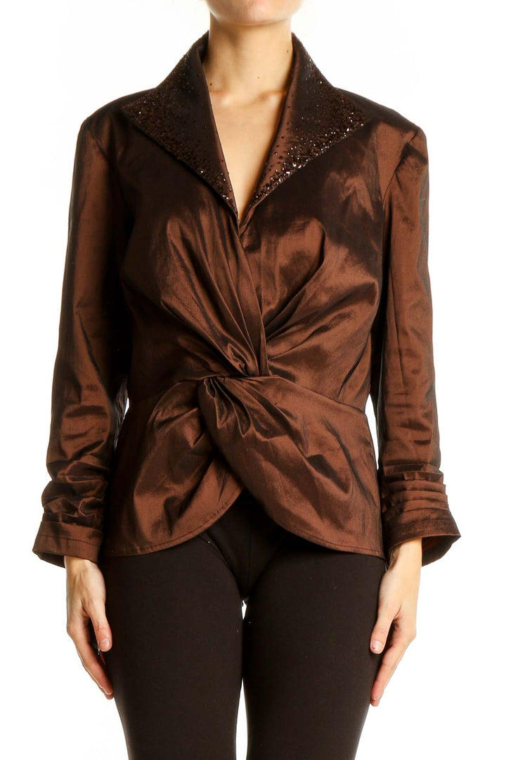 Front view of brown Tadashi twist-front blouse with shimmering collar