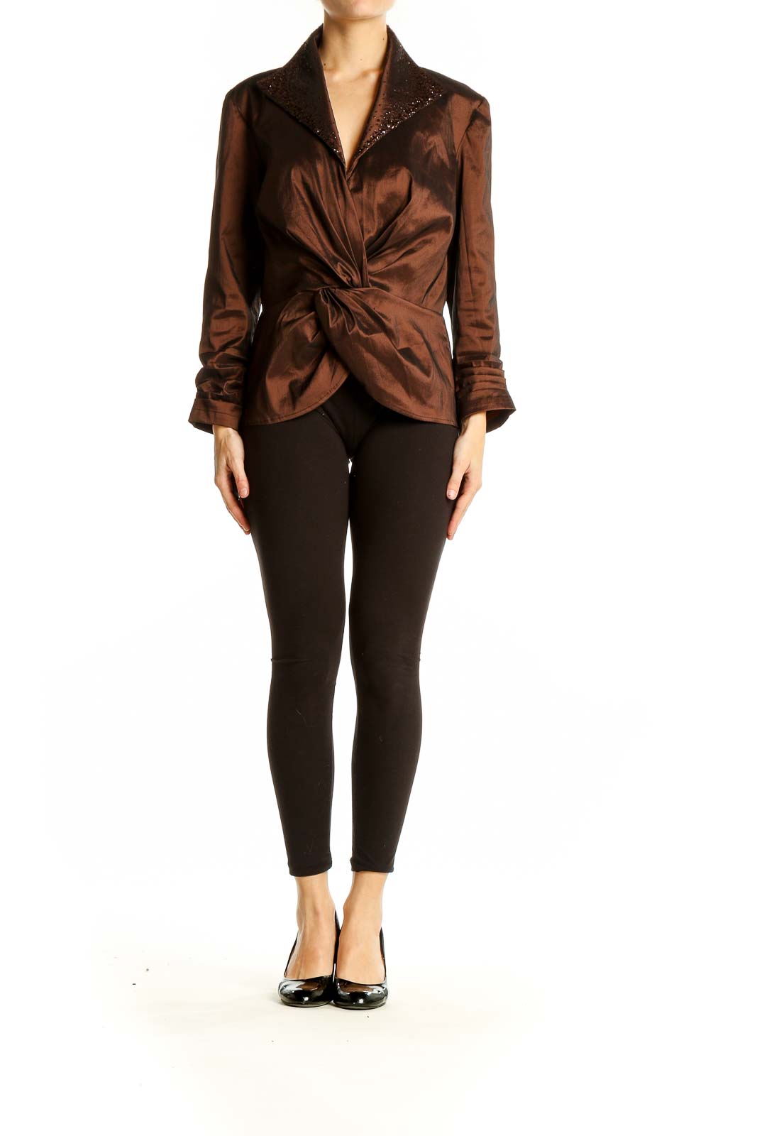 Front view of brown Tadashi twist-front blouse with shimmering collar