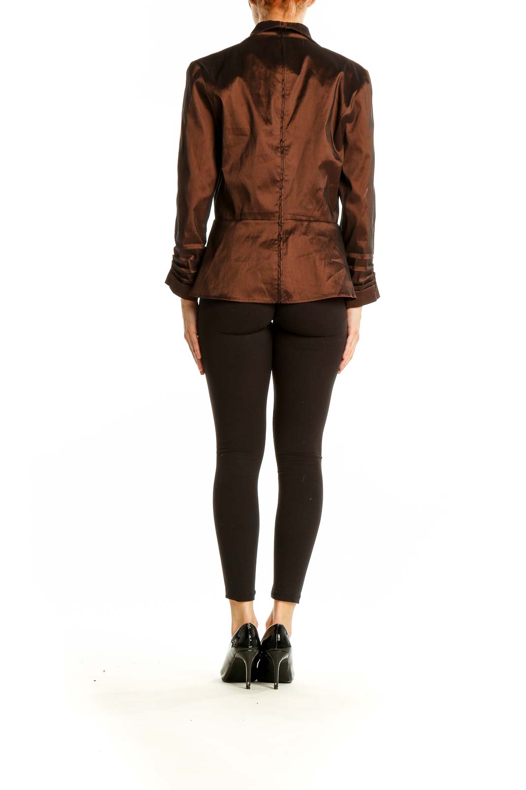 Back view of brown Tadashi twist-front blouse showing elegant silhouette