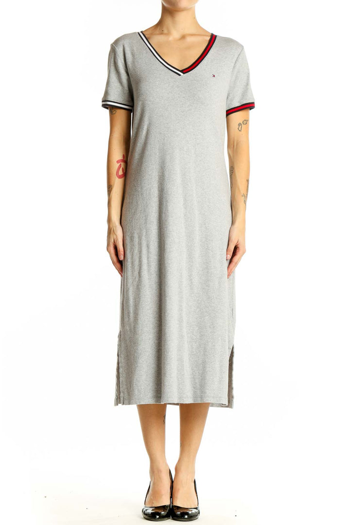 Front view of gray Tommy Hilfiger cotton midi dress with V-neck