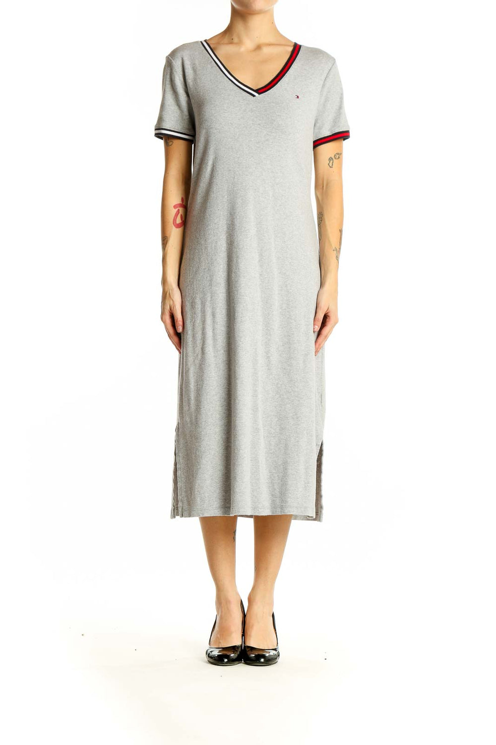 Front view of gray Tommy Hilfiger cotton midi dress with V-neck