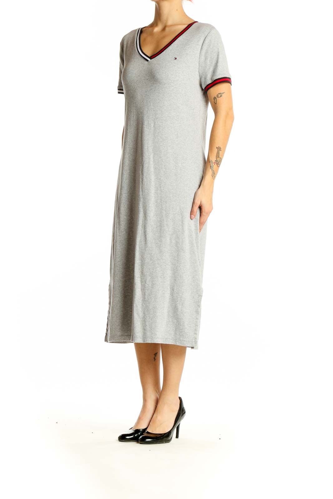 Front view of gray Tommy Hilfiger cotton midi dress with V-neck