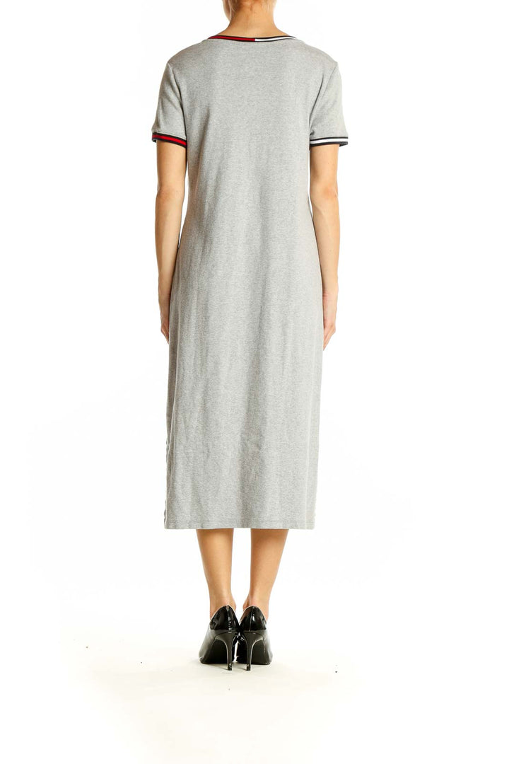 Side view of gray Tommy Hilfiger cotton midi dress showing length and fit