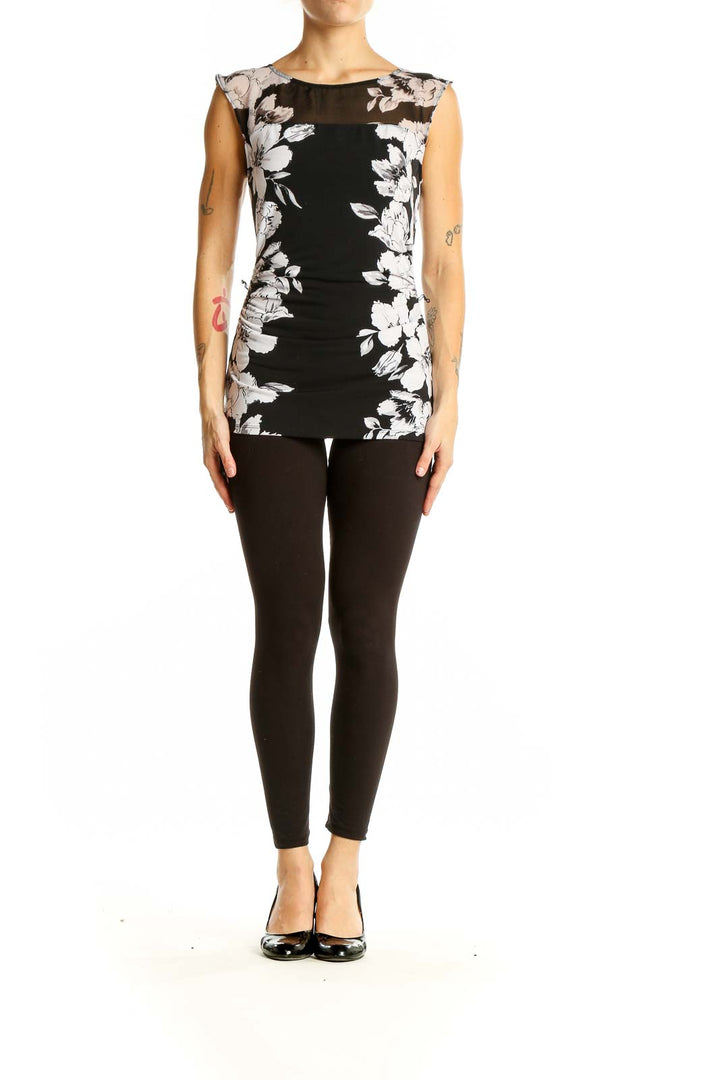 Front view of Black and White Floral Sleeveless Top from White House Black Market