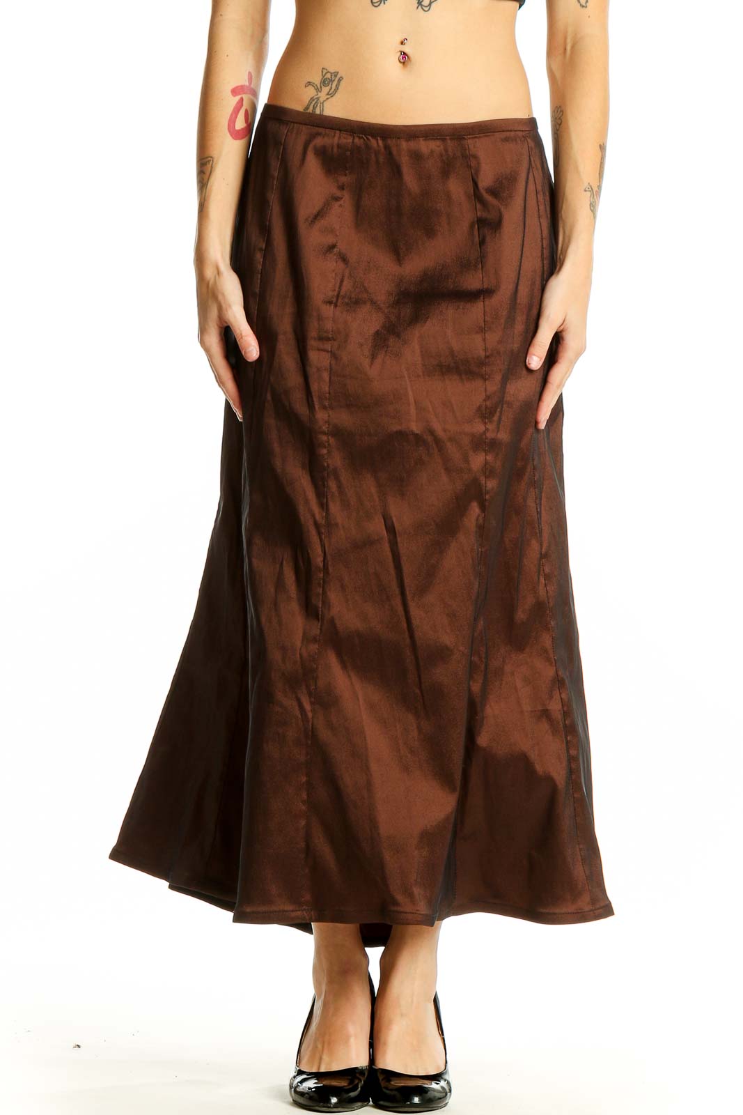 Front view of Tadashi brown satin mermaid maxi skirt