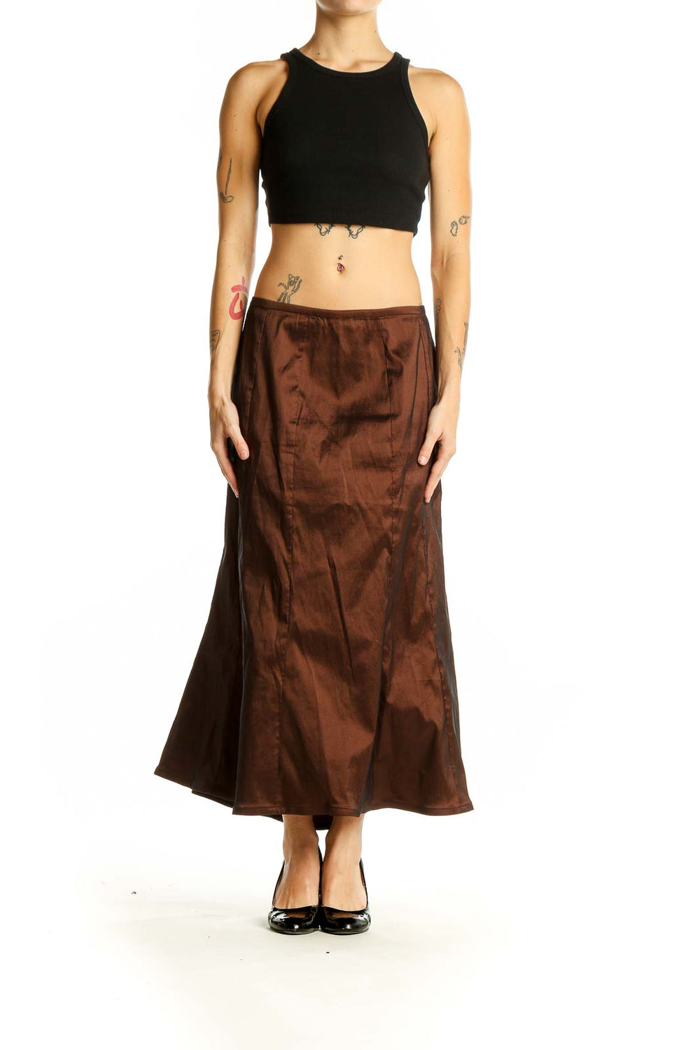 Front view of Tadashi brown satin mermaid maxi skirt