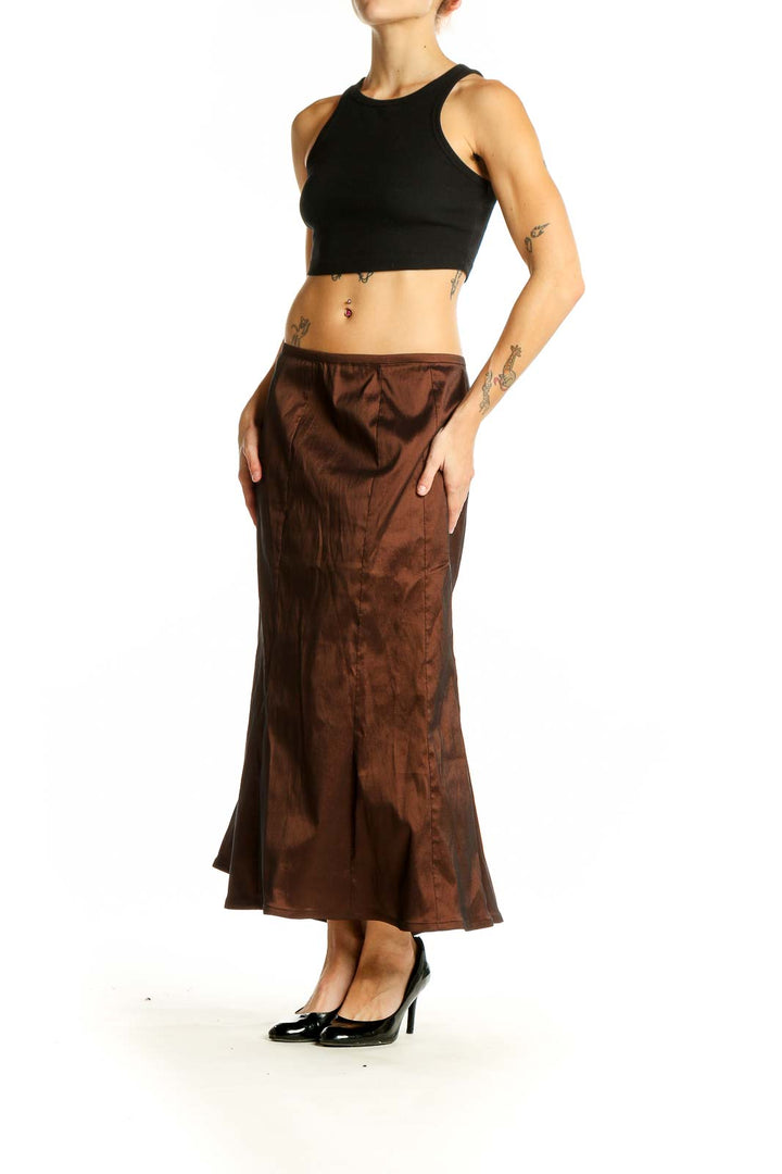 Front view of Tadashi brown satin mermaid maxi skirt