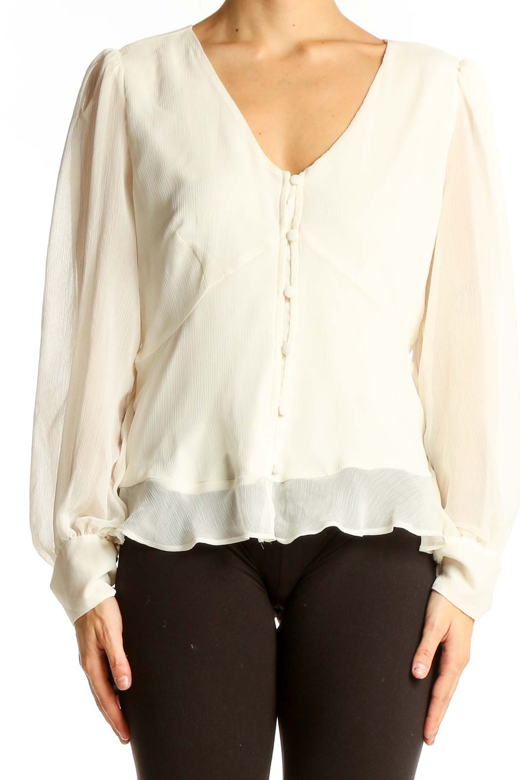 Front view of Nine West ivory sheer button-up blouse with V-neck