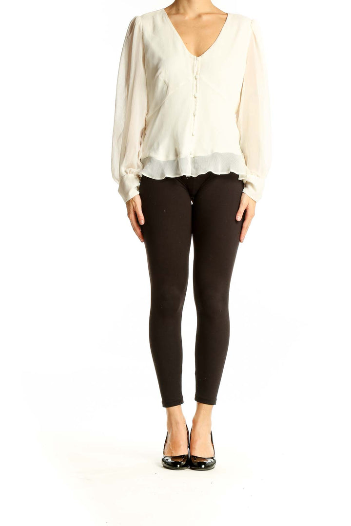 Front view of Nine West ivory sheer button-up blouse with V-neck