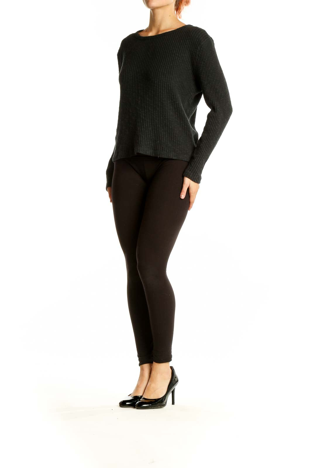 Front view of J.Crew black ribbed cotton blend sweater