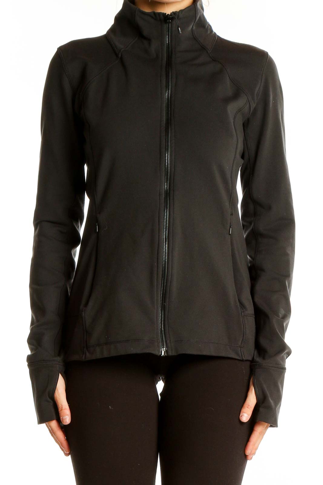 Front view of black Calia performance zip-up jacket