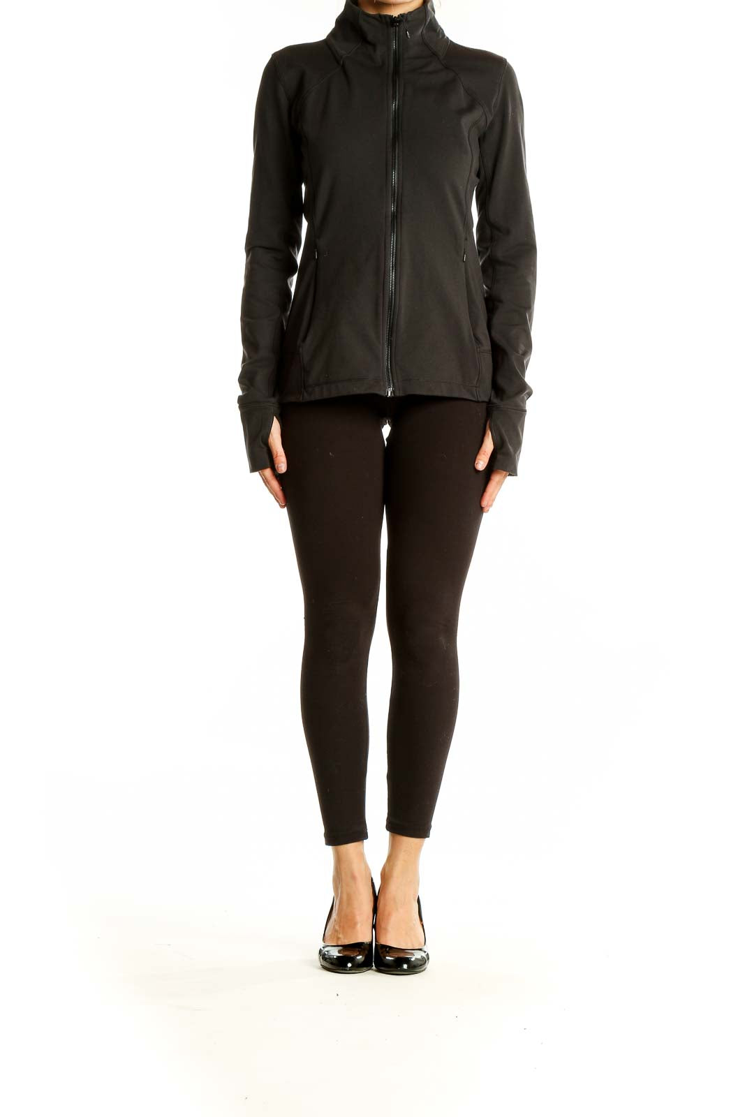 Front view of black Calia performance zip-up jacket