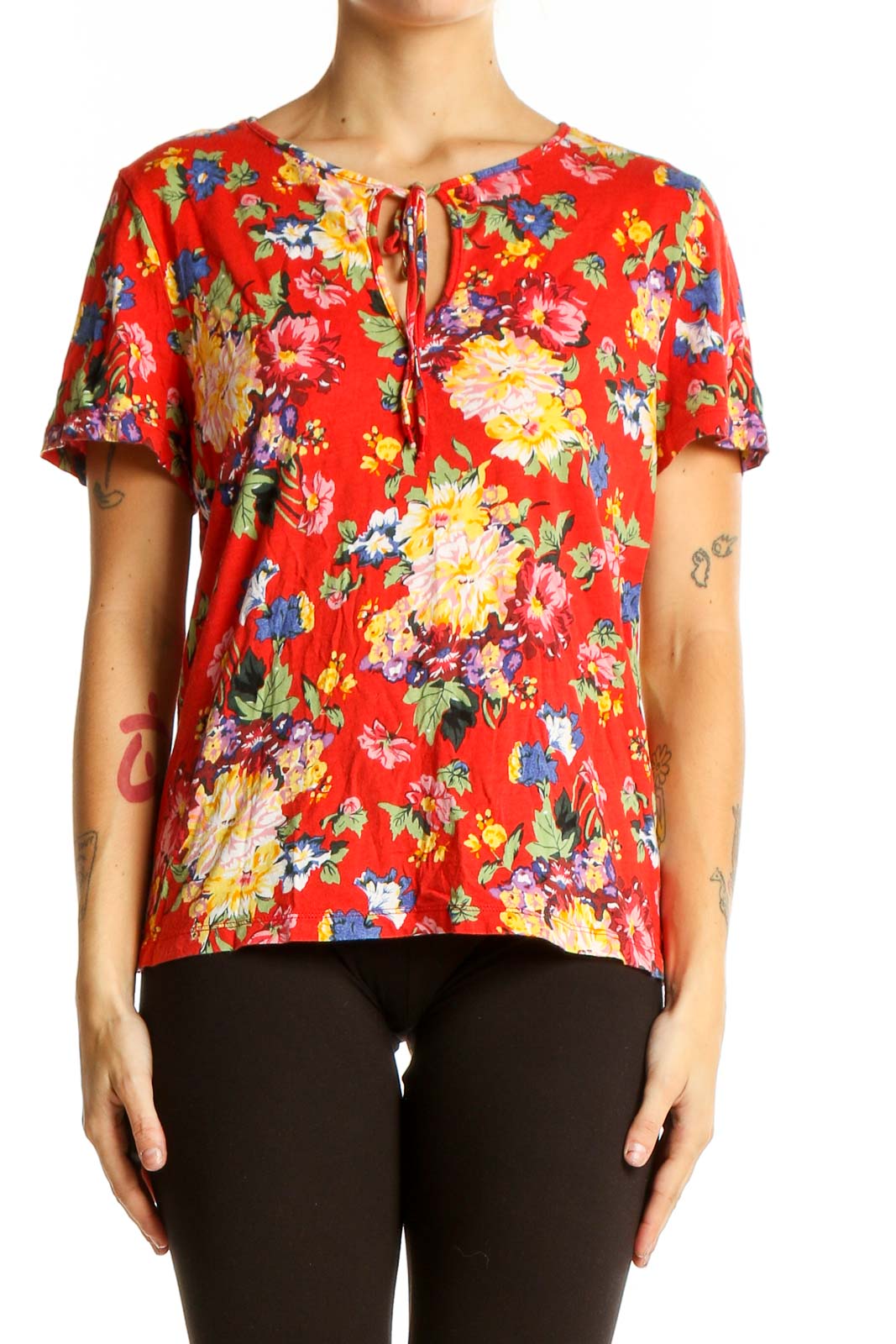 Front view of Maeve red floral short-sleeve blouse with tie neckline