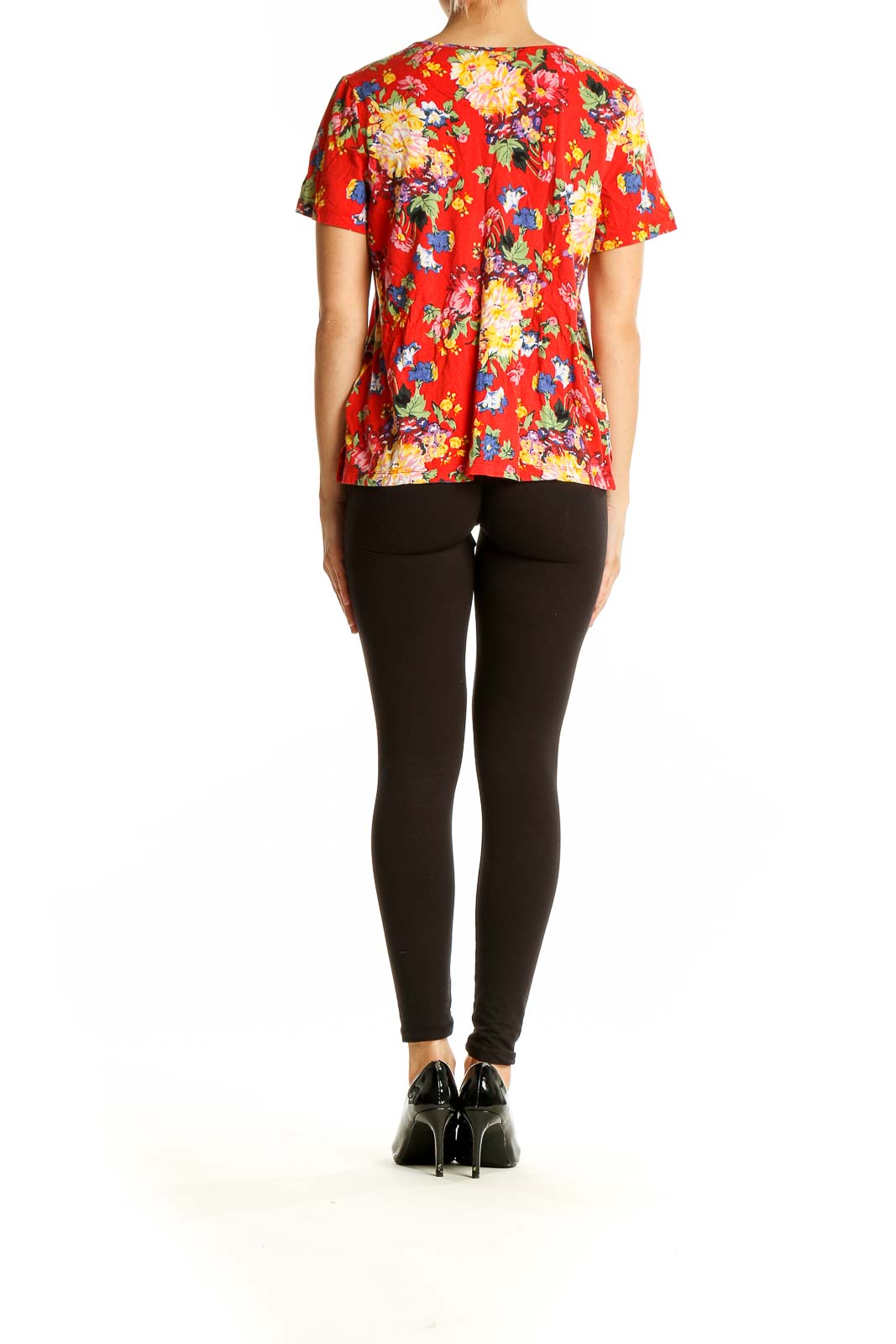 Side view of Maeve red floral blouse showing relaxed fit and vibrant print