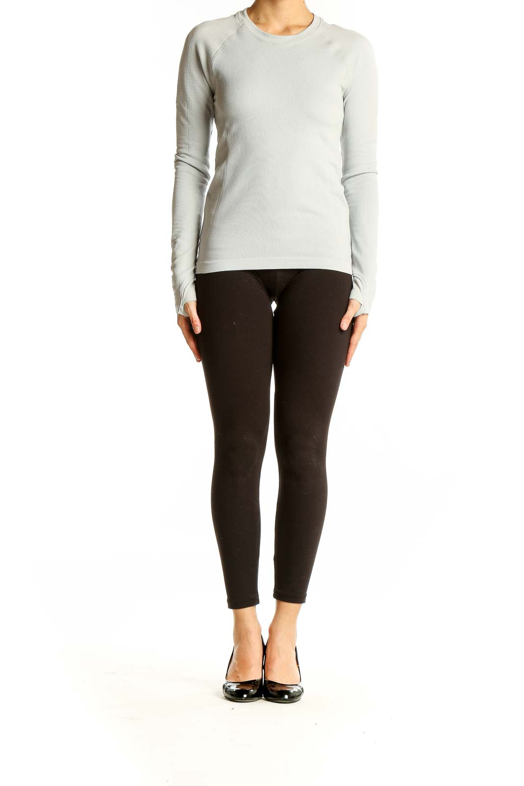 Front view of Athleta light gray ribbed long sleeve athletic top