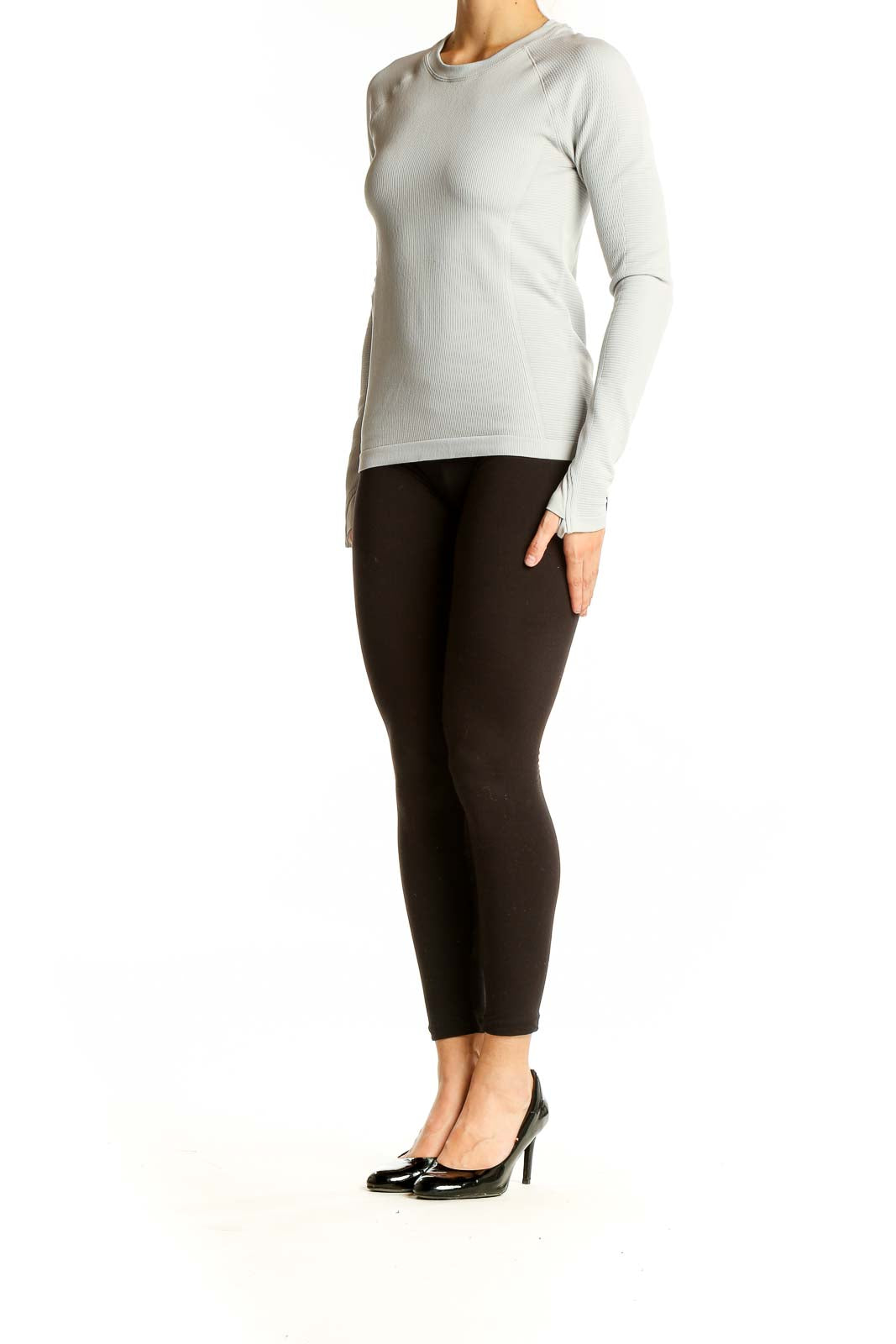 Front view of Athleta light gray ribbed long sleeve athletic top