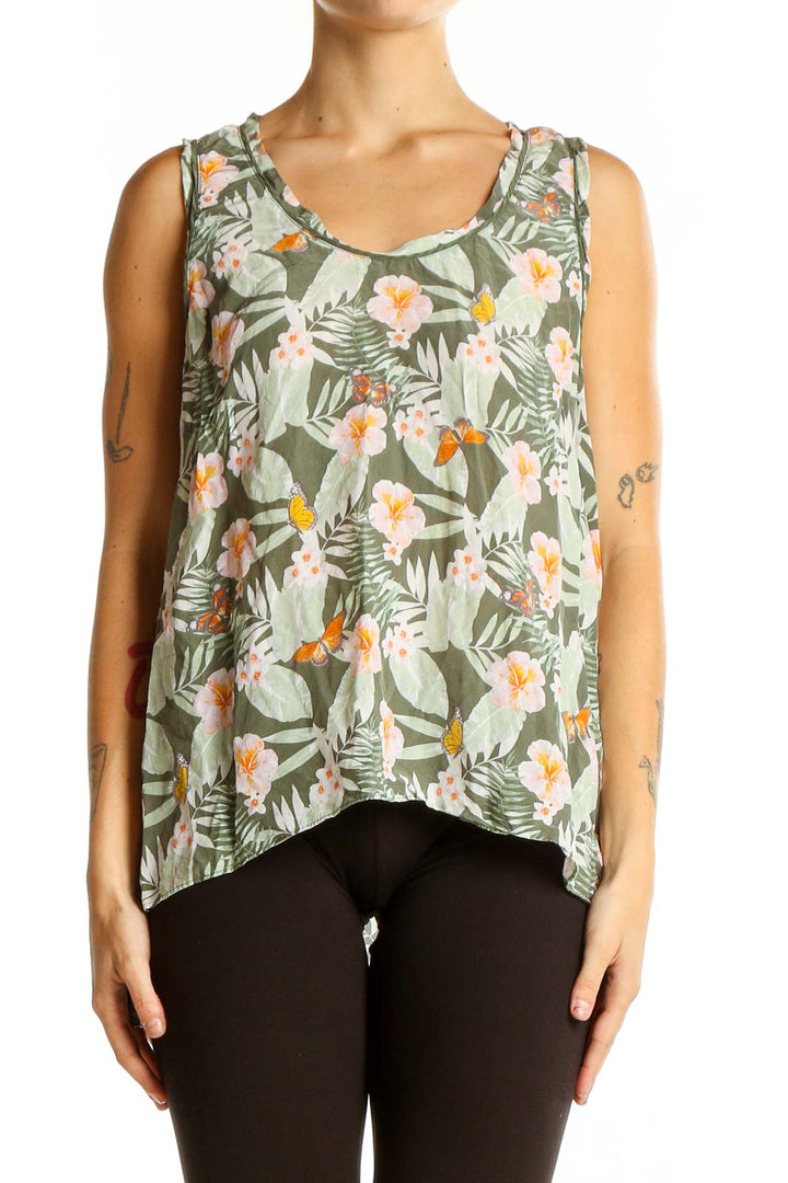 Front view of Joie green floral silk sleeveless top with scoop neckline