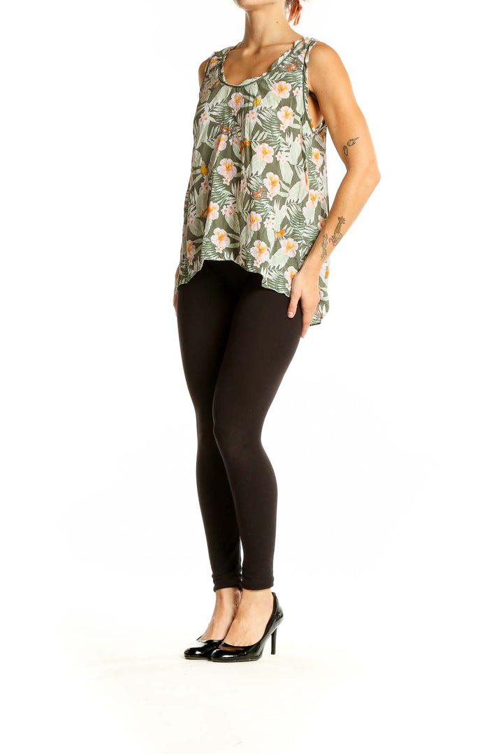 Front view of Joie green floral silk sleeveless top with scoop neckline