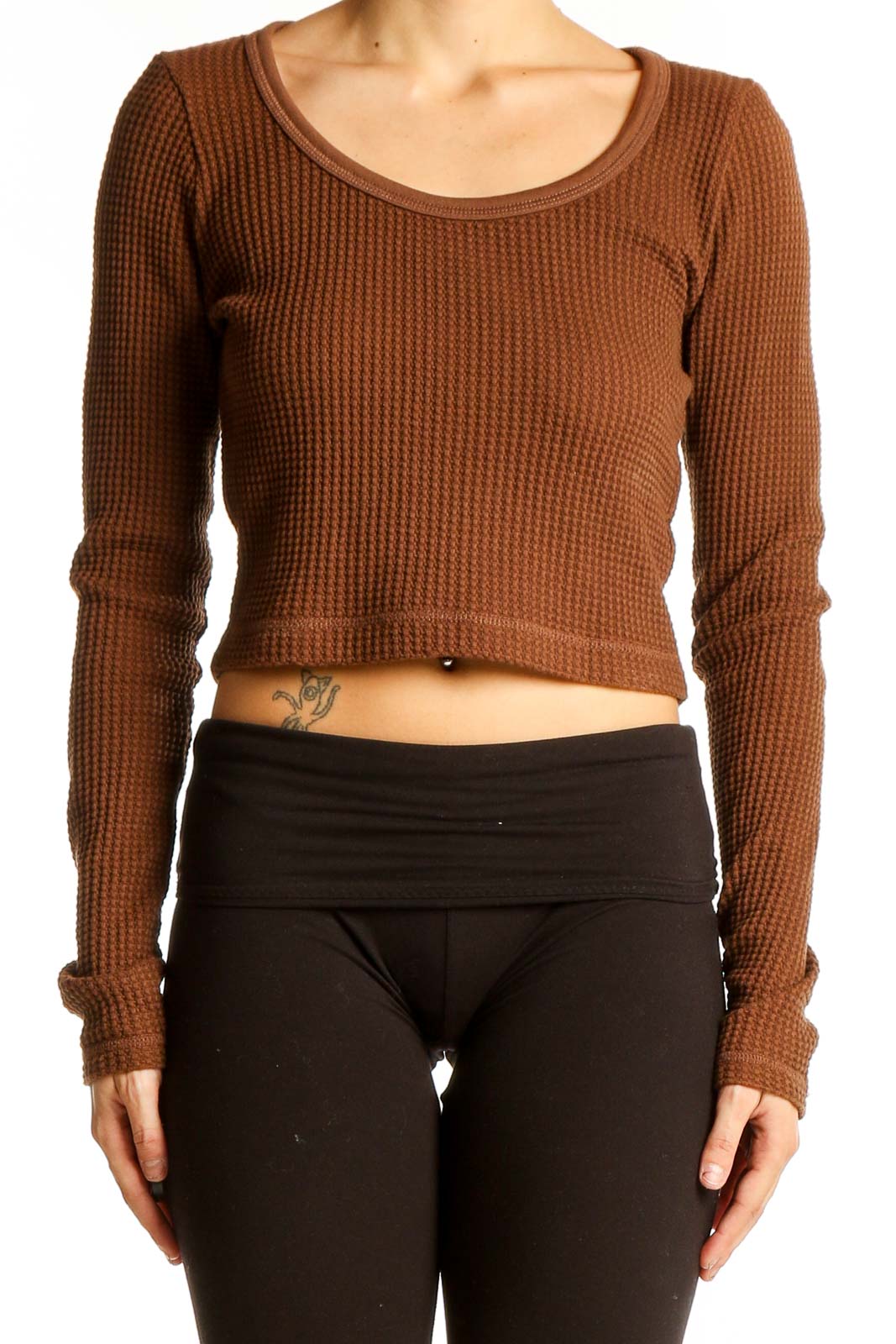 Front view of Madewell brown waffle knit crop top with scoop neck