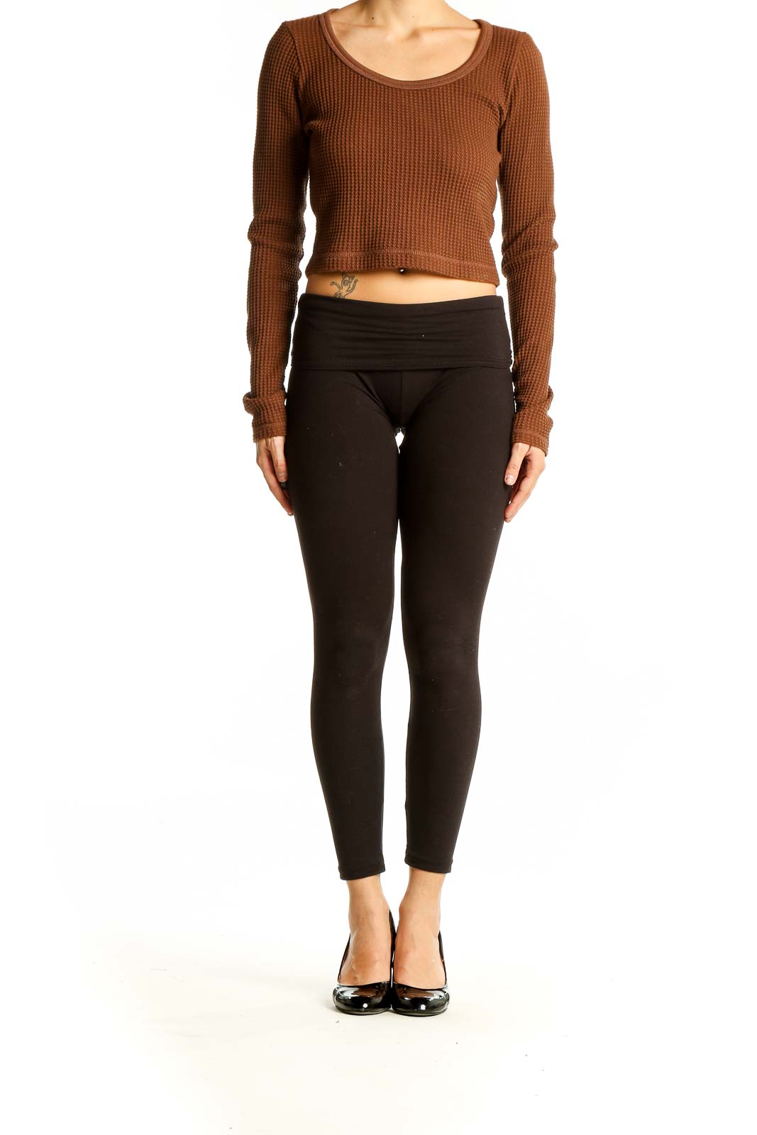 Front view of Madewell brown waffle knit crop top with scoop neck