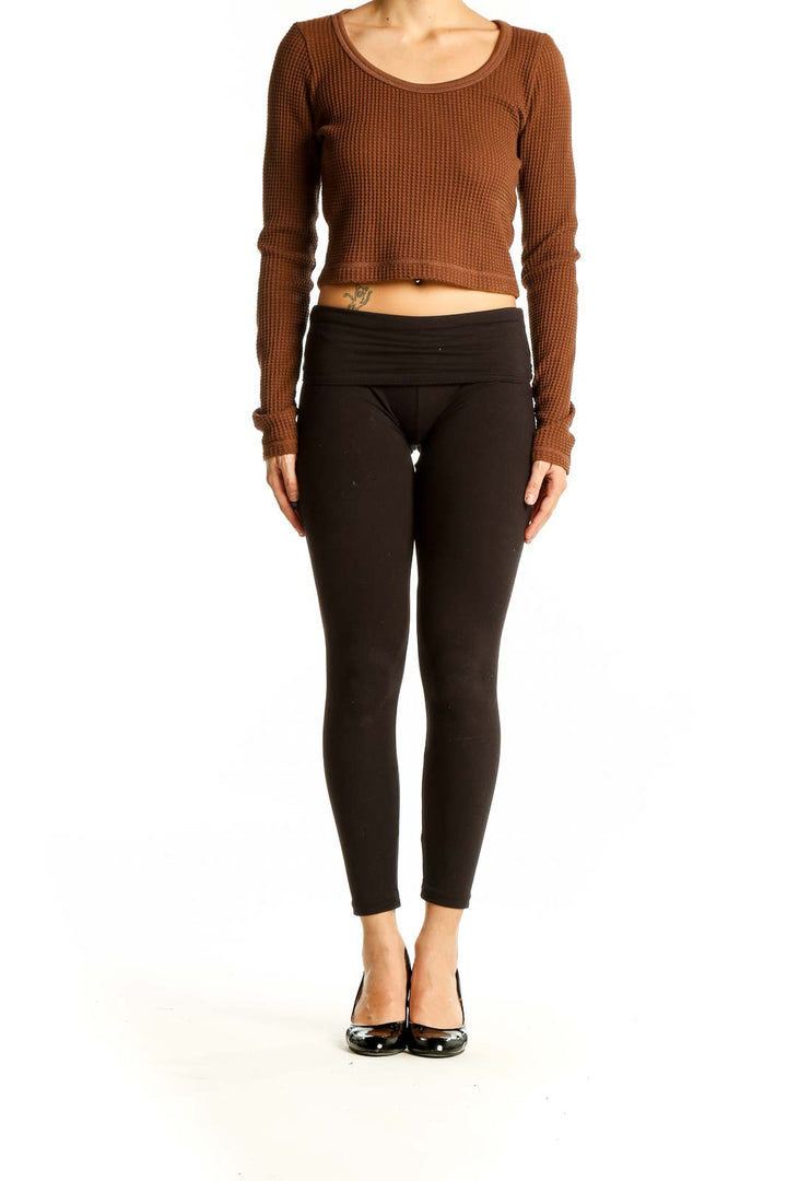 Front view of Madewell brown waffle knit crop top with scoop neck