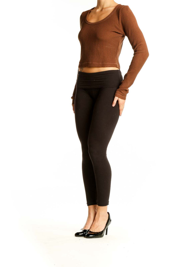 Front view of Madewell brown waffle knit crop top with scoop neck