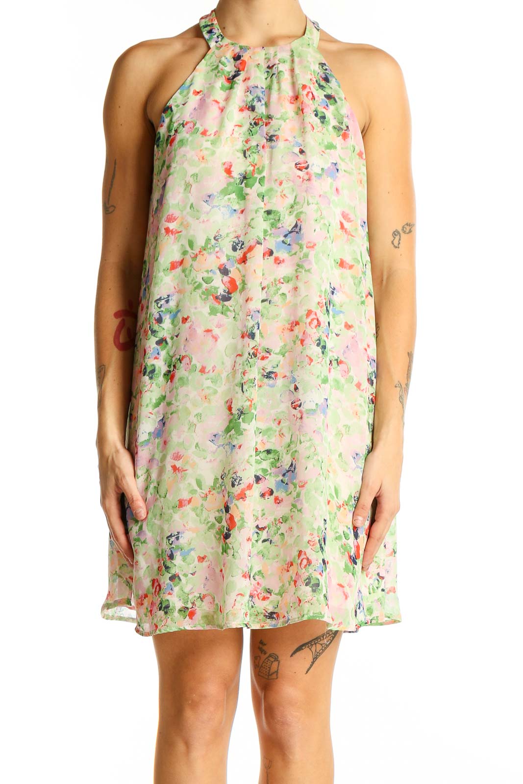 Front view of ASTR pastel floral halter neck mini dress