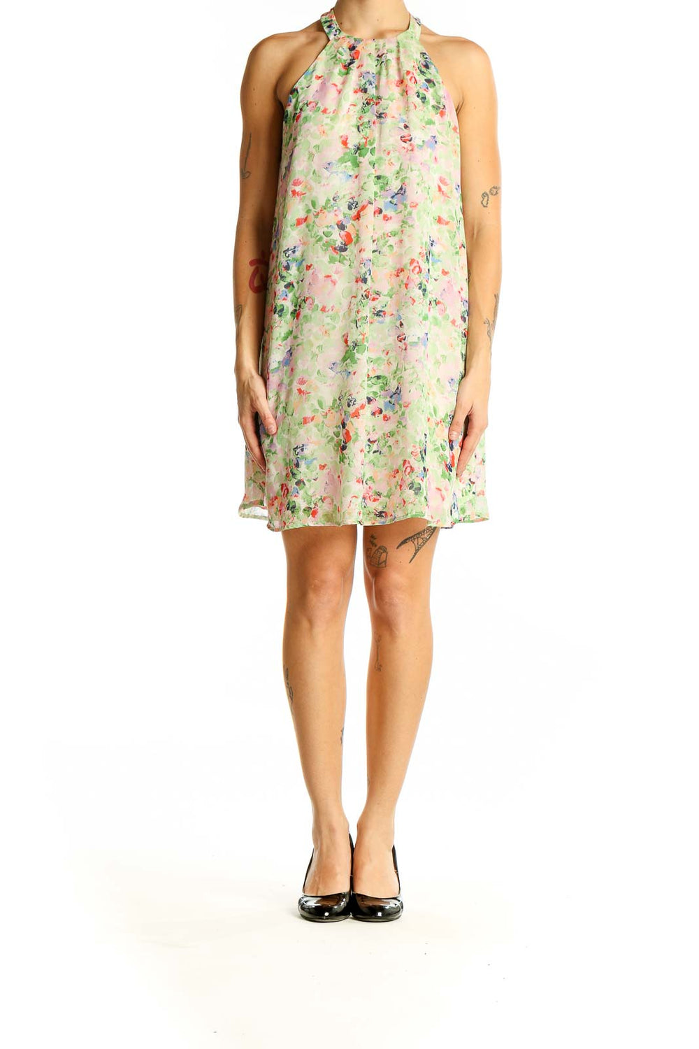 Front view of ASTR pastel floral halter neck mini dress