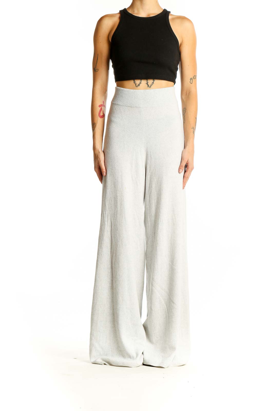 Front view of Leset light gray cashmere blend wide-leg pants